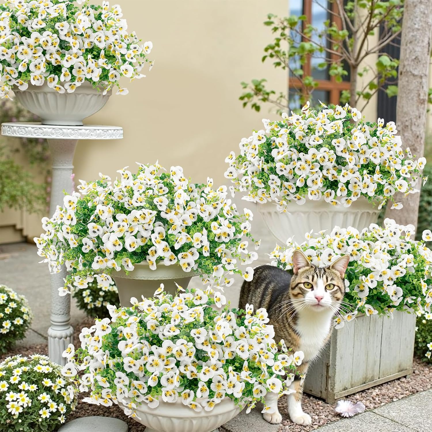 16 Bundles Artificial Pansy Flowers Outdoor Fake Plants For All Seasons, Uv Resistant Faux Flowers Silk Pansies With Eucalyptus Leaves For Planters Porch Yard Patio Balcony Home Decor