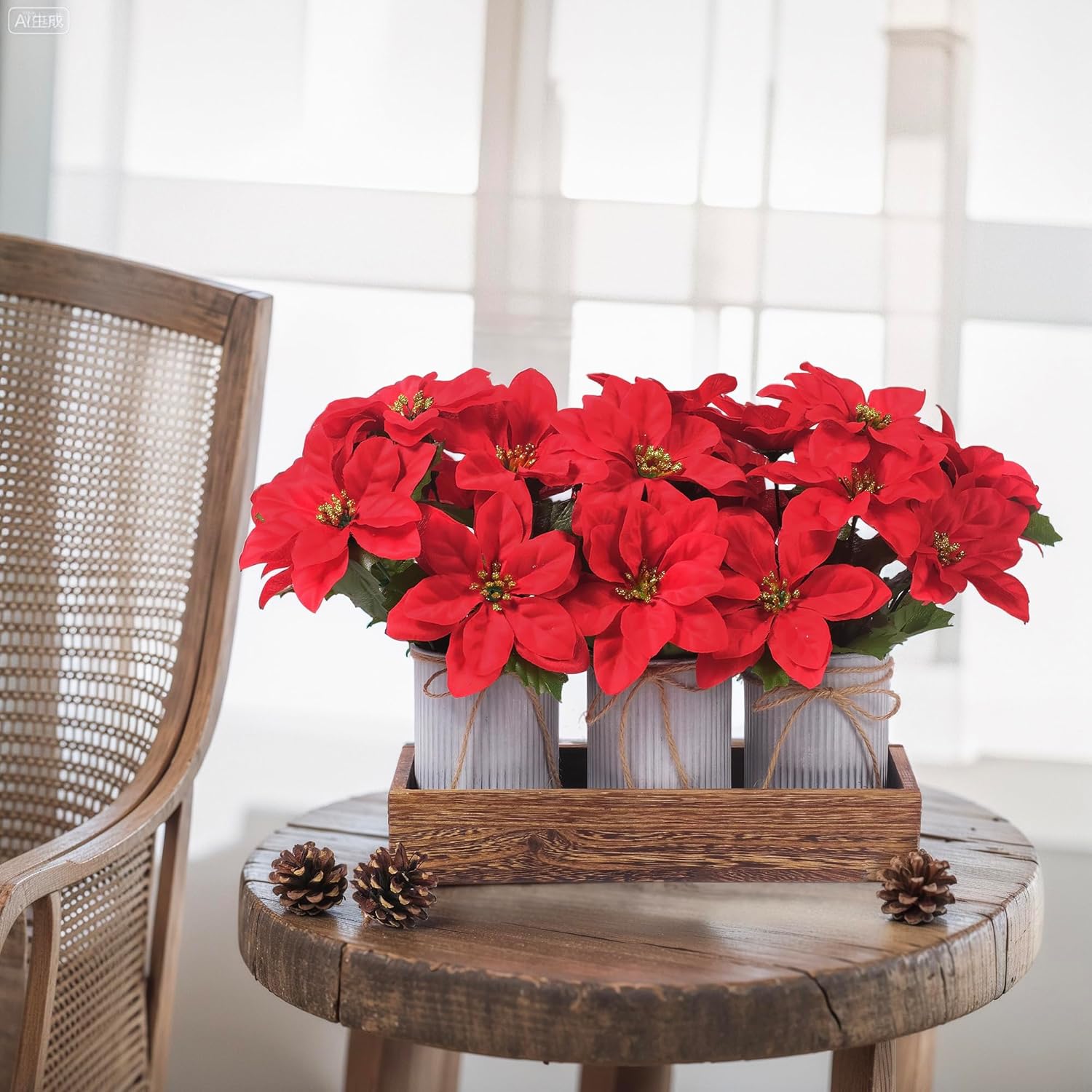 Poinsettia Flowers Artificial Christmas Decorations – 3 Pack Red Poinsettias In Galvanized Metal Pots With Wooden Box, Christmas Centerpiece Table Decorations For Home, Gifts & Office Party