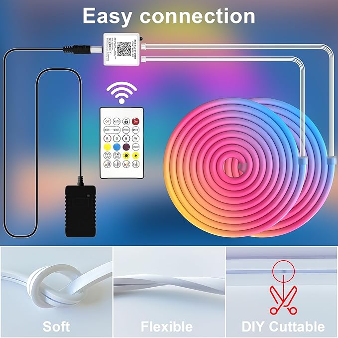 40FT RGB Neon LED Rope Light Waterproof Bluetooth App Remote Music Sync Flexible Strip