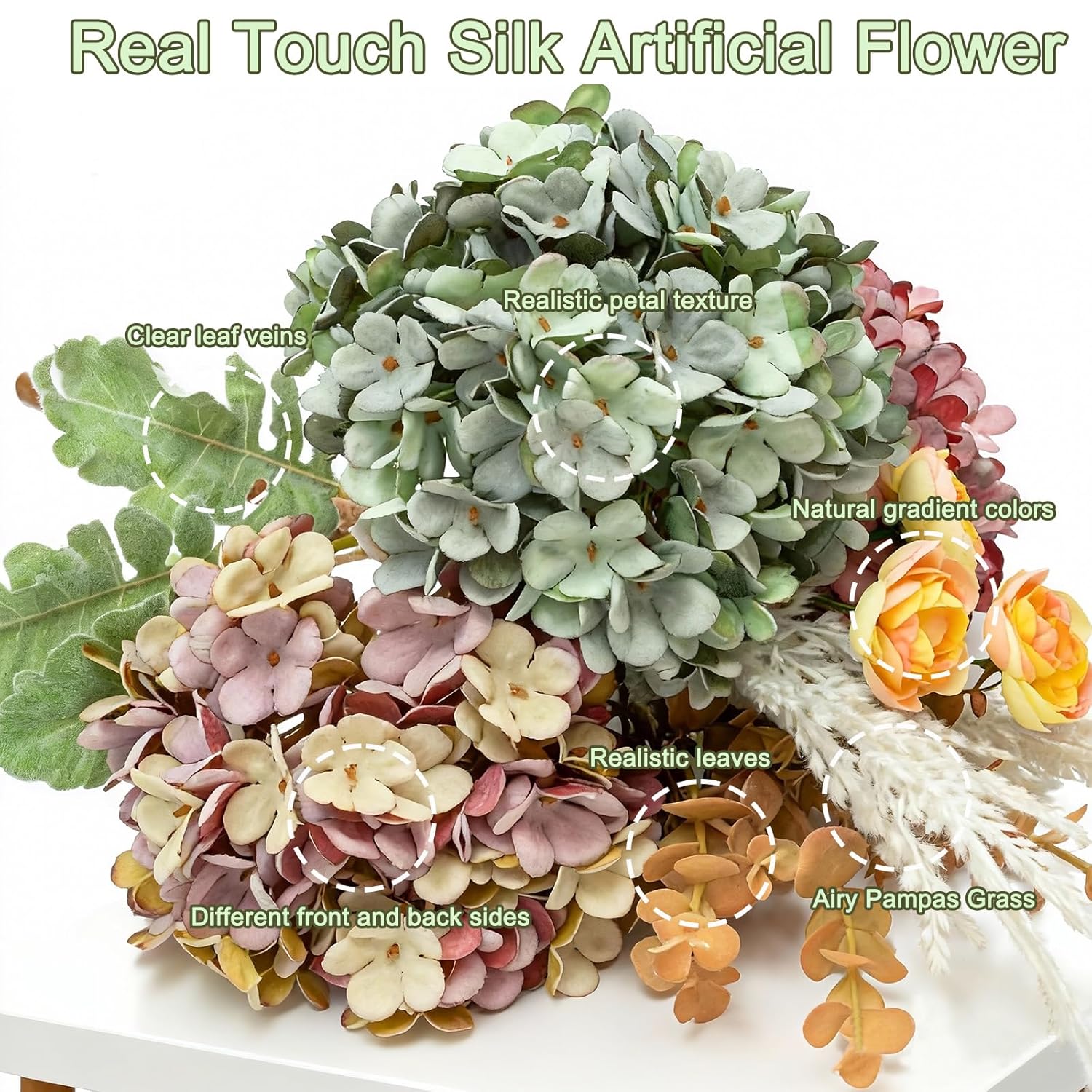 Hydrangea Artificial Flowers Bouquet, Pre-Arranged Fake Flowers Bouquet With Ranunculus, Eucalyptus, Pampas, Real Touch Silk Flowers For Centerpiece Shelf Table Wedding Home Decor