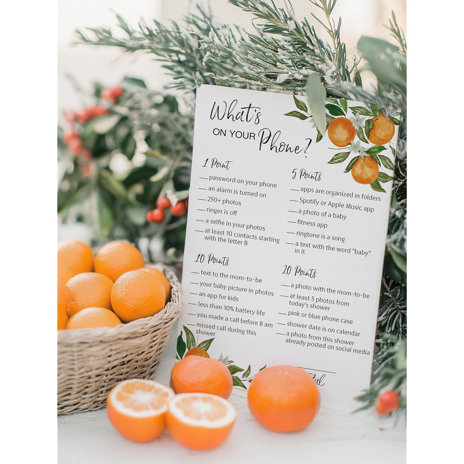 A Little Cutie Theme — What'S On Your Phone Baby Shower Game — Pack Of 25 — Citrus Orange Baby Shower Games, Boho Gender Neutral Cutie Shower Activity, Couples Shower Co-Ed Shower Coed G350-Phn