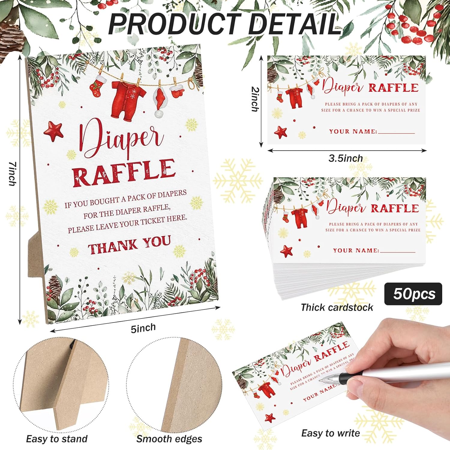 Christmas Santa Baby Shower Diaper Raffle, Pack Of 1 Wooden Tabletop Sign With Stand And 50 Diaper Raffle Tickets, Backyard Santa Baby Shower Game, Christmas Gender Reveal Party Decorations