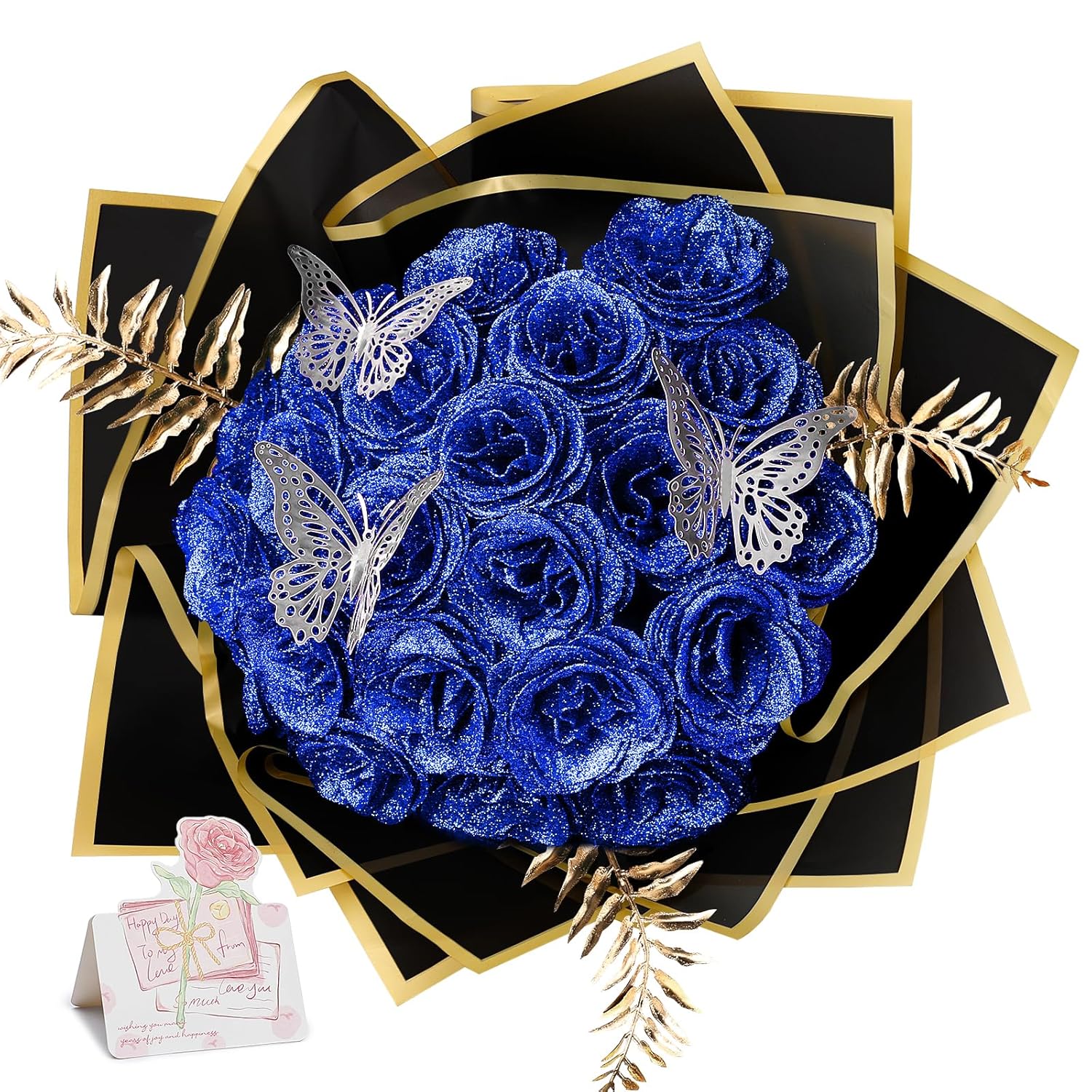 Glitter Roses - Royal Blue Glitter Rose Bouquet Shiny Everlasting Artificial Flowers For Diy Crafts Gifts Birthday Graduation Engagement Valentines Anniversary, 24 Roses