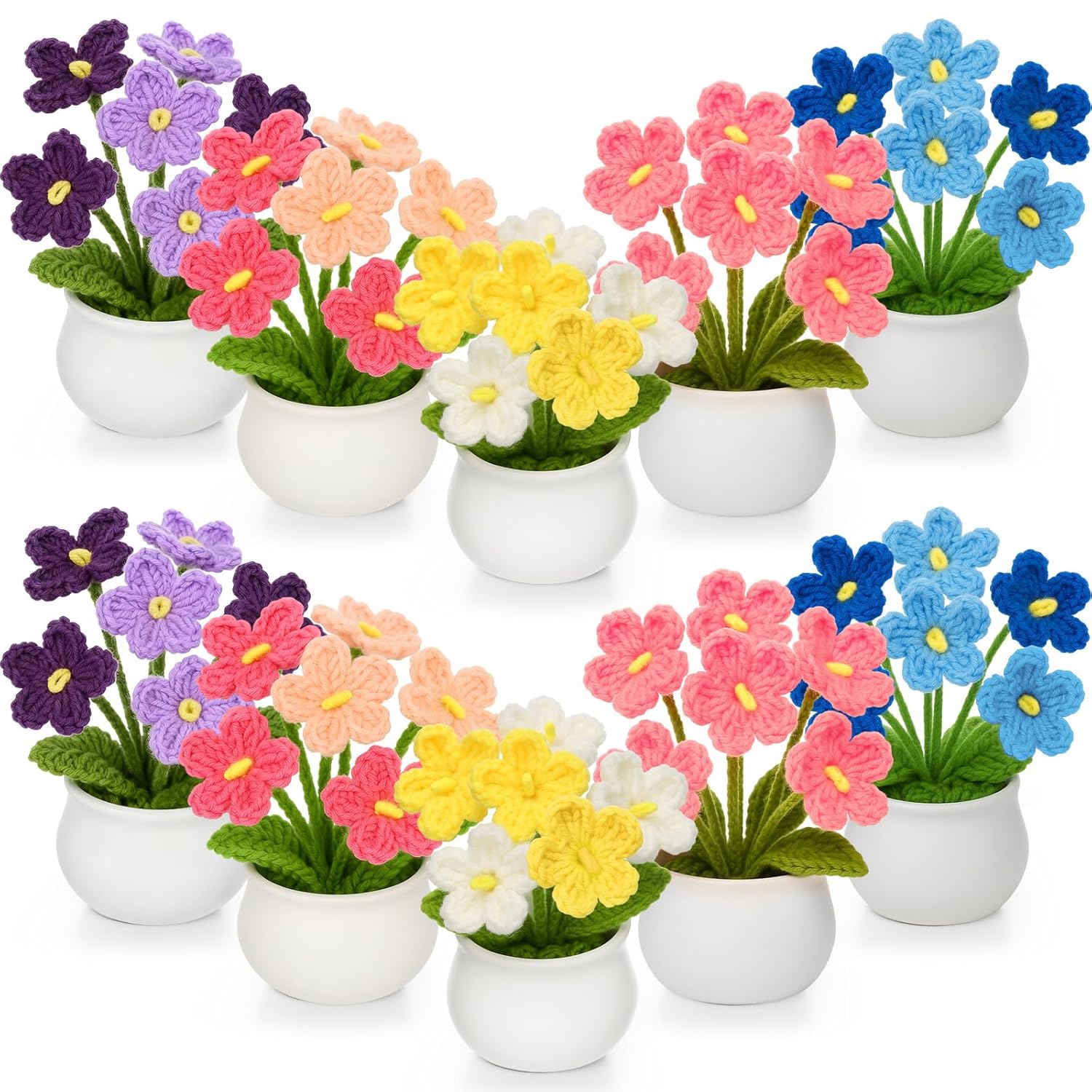 10 Pcs Crochet Flower Potted Plants Gifts, Artificial Handmade Knitted Flowers Cute Fake Plant For Mother Valentine Teacher Employee Coworker Gifts And Home Decor (Forget Me Not)