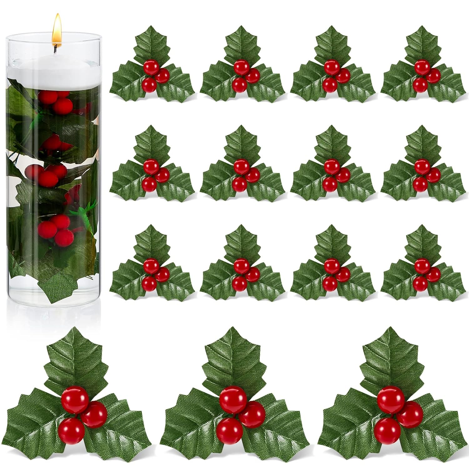 50 Pcs Christmas Holly Berries For Crafts Faux Berries Flowers And Holly Leaves Christmas Wreath Fillers For Vase Fillers Floating Candle Table Centerpiece (Red)