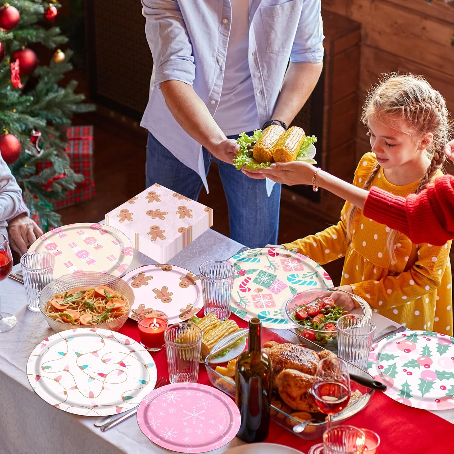 60Pcs Christmas Decorations,Pink Merry Christmas Party Tableware Paper Plate,Napkins Winter Xmas Theme Decorations For Retro Christmas Holiday,Winter Gingerbread Party Favors?20 Guest?