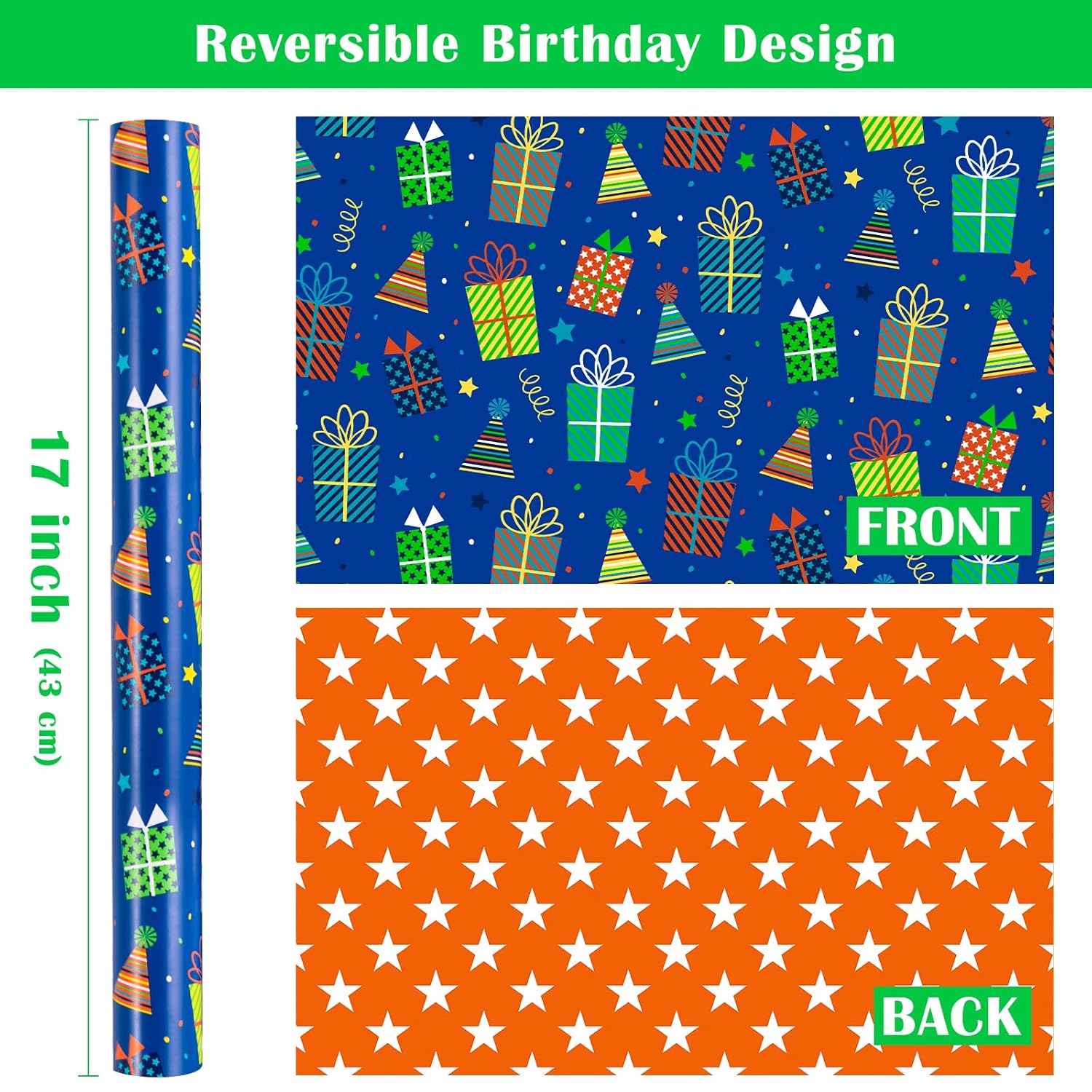 Reversible Birthday Wrapping Paper Roll - Mini Roll - 17 Inch X 10 Feet - Happy Birthday Wrapping Paper Perfect For Girls, Boys, Kids