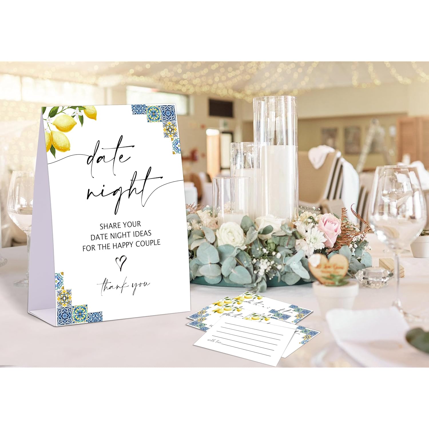 Blue Tiles And Lemons Date Night Game, Date Night Ideas Sign With 50 Cards, Bridal Shower Game, Modern Bridal Shower Decorations, Wedding Date Night Advice - 02