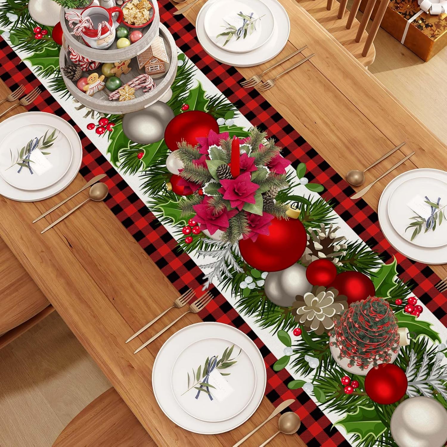 Linen White And Black Buffalo Check Plaid Christmas Table Runner 72 Inches Long Winter Christmas Xmas Holiday Gingerbread House Mantable Decoration