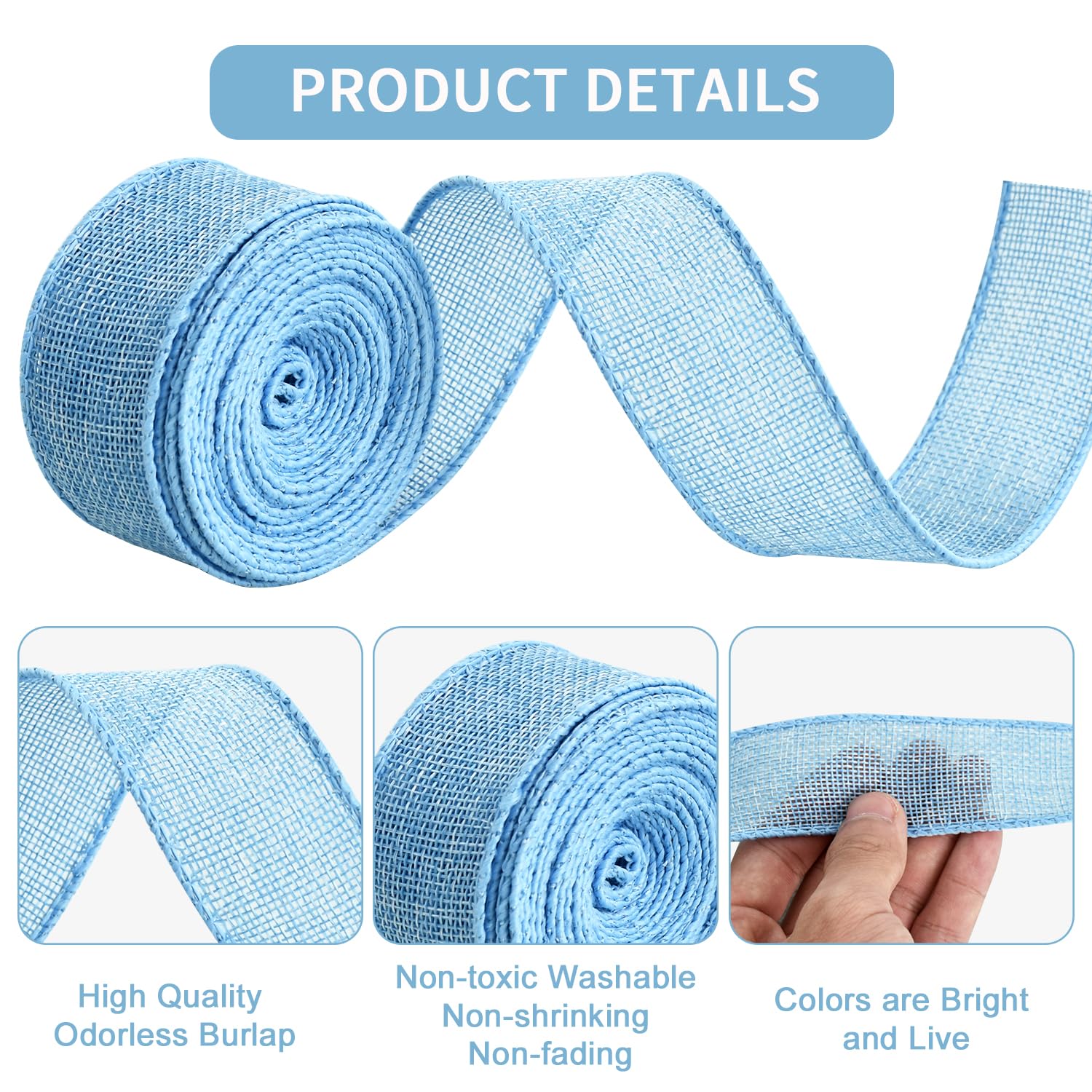 Burlap Light Blue Wired Ribbon, 1 1/2 Inch 10 Yard Jute Ribbon For Decoration Bows Tree Toppers Ribbons Craft Gift Wrapping Wreath Sewing, For Winter Christmas Spring Easter Wreath Decor