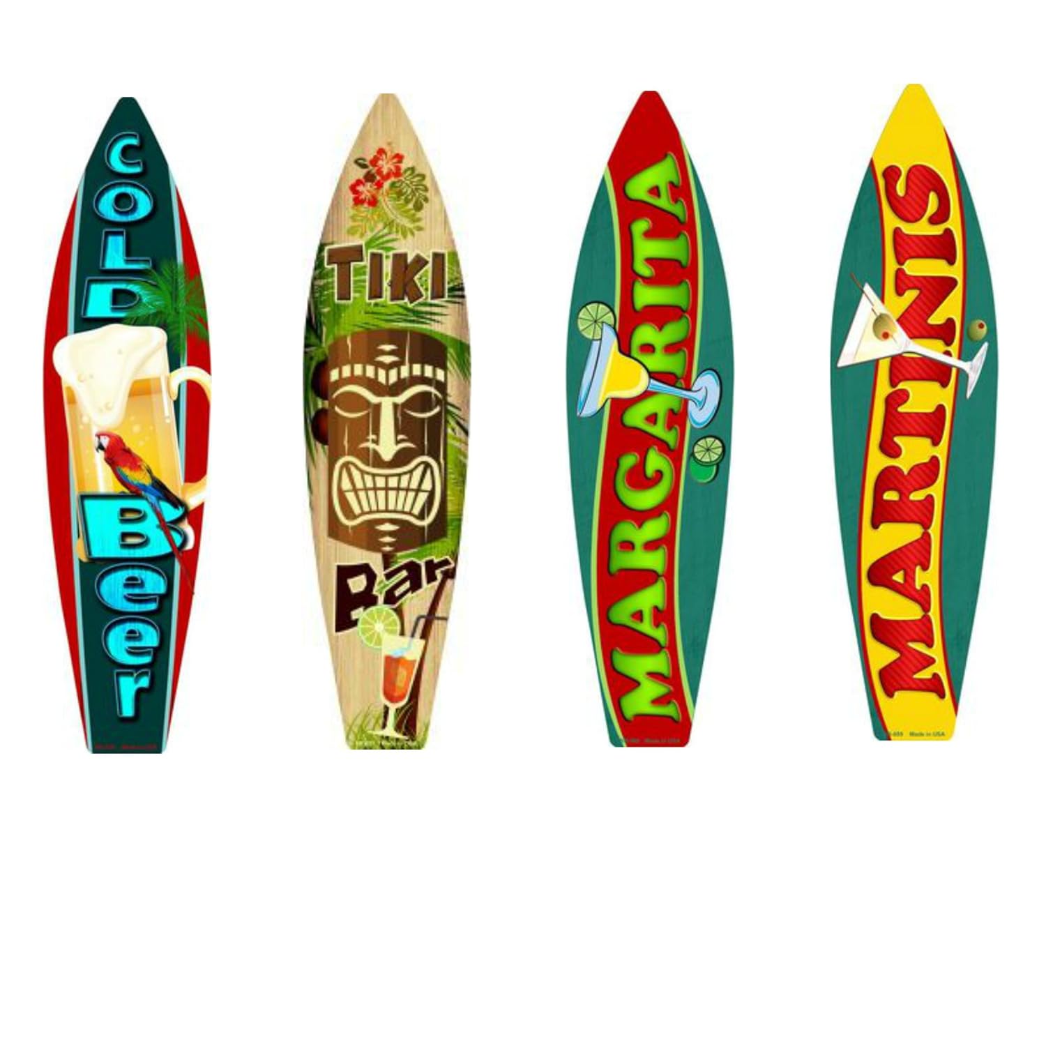Bundle: Surfboard Decorative Signage, Metal, 17' X 4.3', Cold Beer, Tiki Bar, Margarita, Martinis