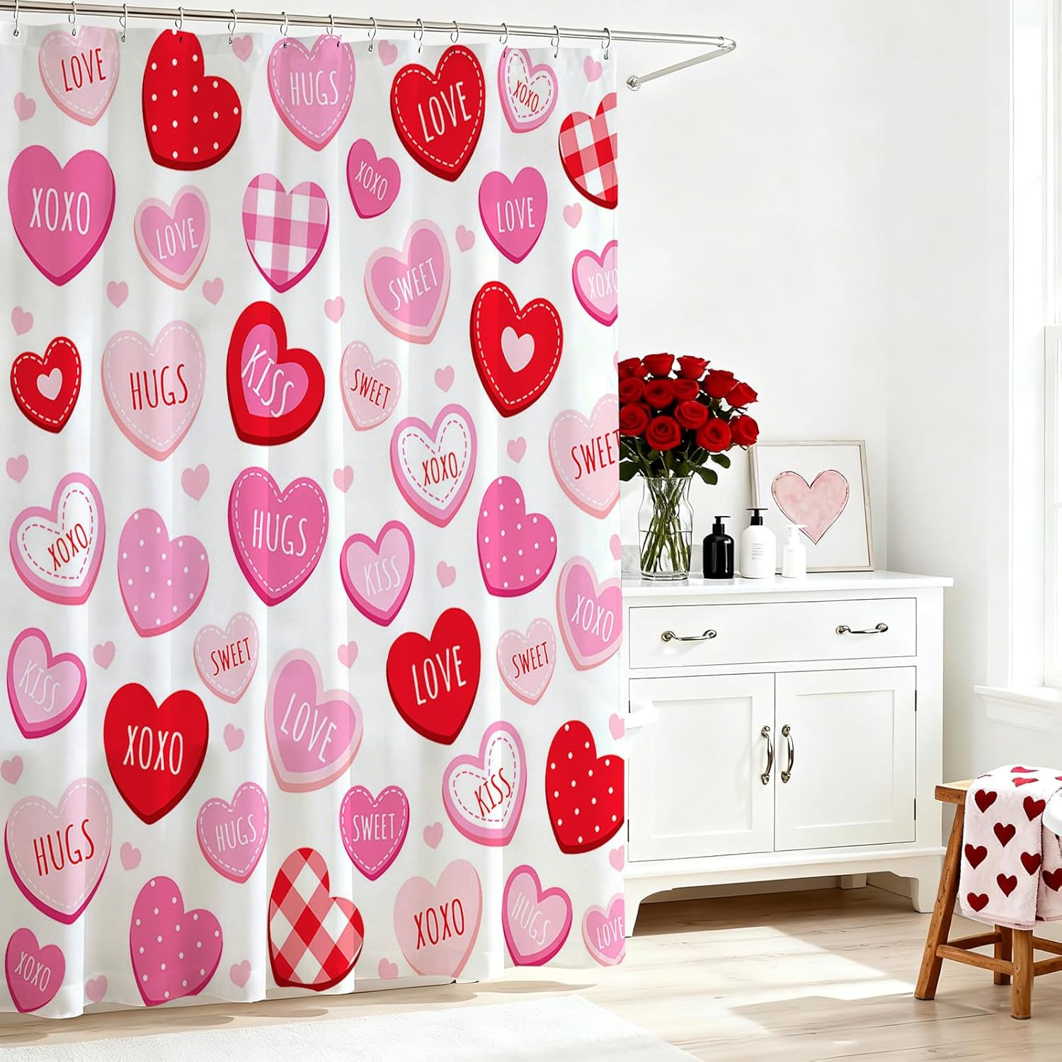 Valentines Shower Curtain Cute Love Pink Hearts Shower Curtain For Valentines Day Decorations Waterproof Romantic Sweetheart Bathroom Decor Curtain, 72 X 72 Inch