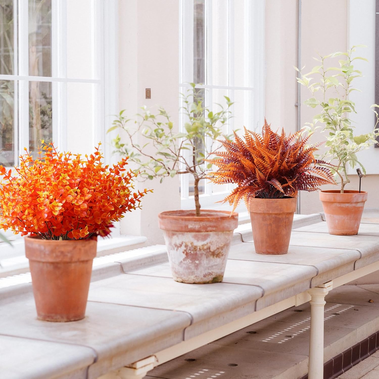 18Pcs Artificial Fall Flowers Mums Plants For Outdoor Autumn Decoration Uv Resistant Bulk Fake Fall Plastic Flowers Faux Boston Fern Eucalyptus Plant For Garden Patio Window Box Pot Indoor Home Decor