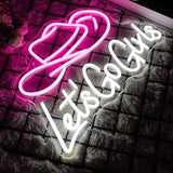 Let’s Go Girls Neon Sign Pink White Cowboy Hat LED Wall Light Dimmable USB Decor for Bedroom Bar