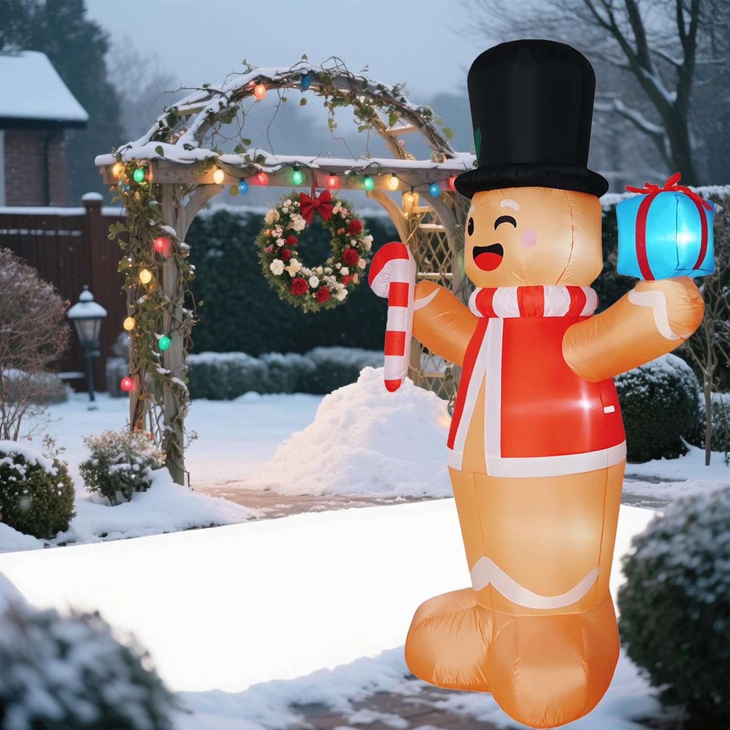 Christmas Inflatables Gingerbread Man With Gift Boxes 8 Ft, Led Inflatable Decoration For Outdoor Indoor Holiday Yard