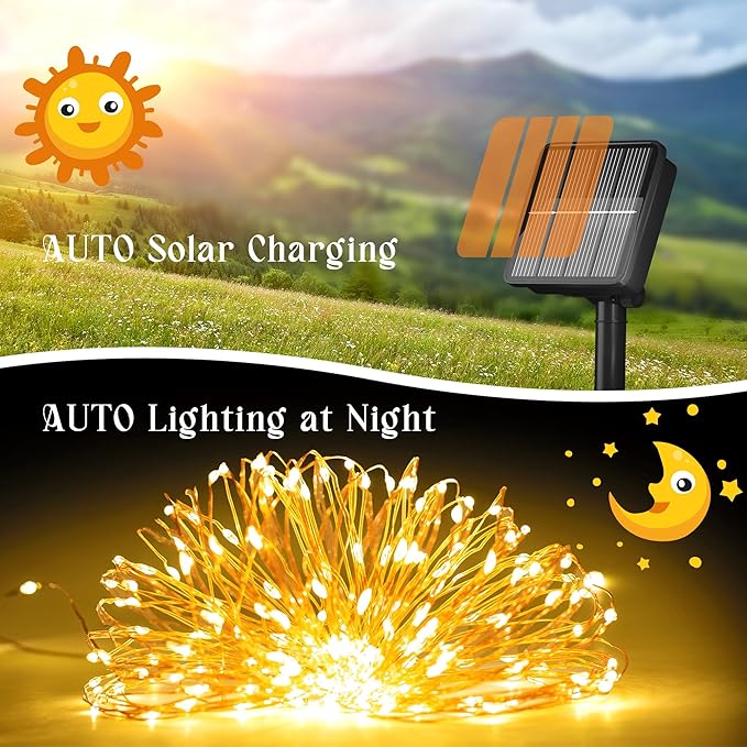 72FT 200 LED Solar Fairy Lights Outdoor Waterproof Warm White String Lights with 8 Modes for Patio Tree Wedding Party Christmas Decor