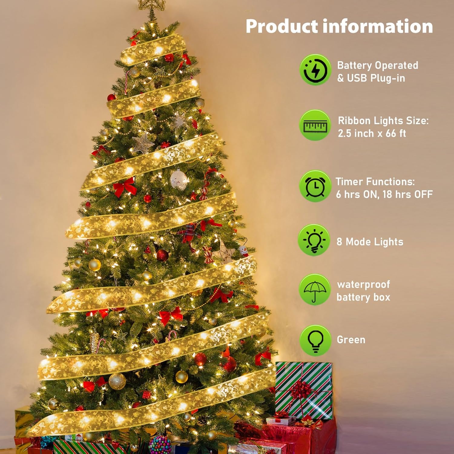 Christmas Tree Ribbon Lights For Christmas Tree Decorations-2.5Inch 66 Ft 200 Led Lighted Ribbon For Christmas Tree With