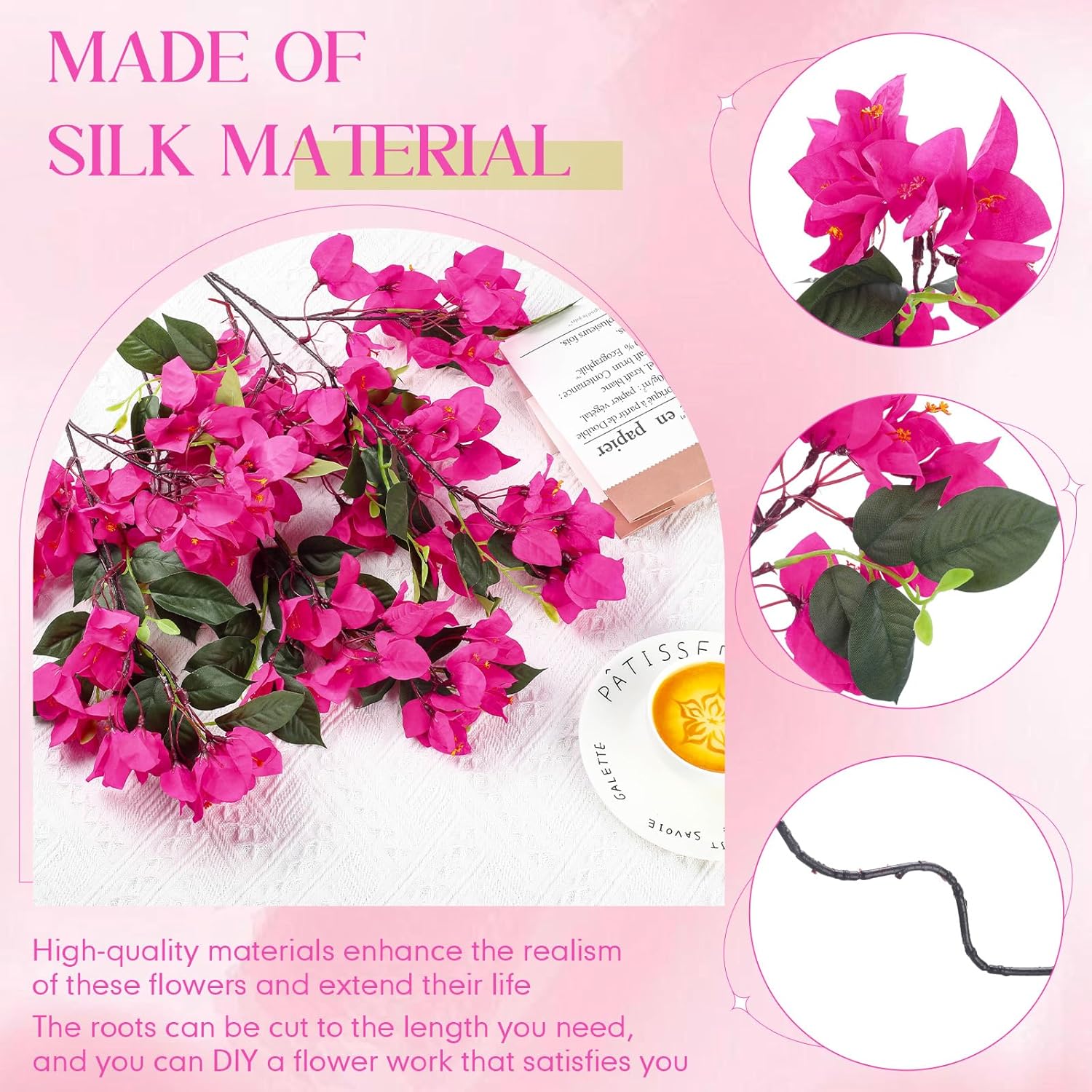 24 Pack Silk Bougainvillea Artificial Bougainvillea Floral With 6 Heads 30 Inch Long Plants Hanging Flowers For Home Wedding Indoor Outdoor Decorations Centerpieces(Rose Red)