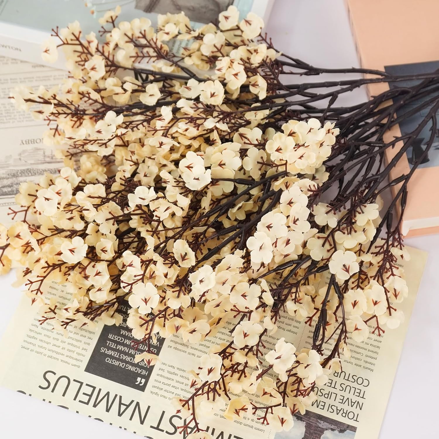 15 Pcs Artificial Flowers Baby Breath Faux Champagne Artificial Gypsophila Bouquet Fake Silk Flowers Real Touch For Home Office Kitchen Wedding Wall Diy Room Farmhouse Décor