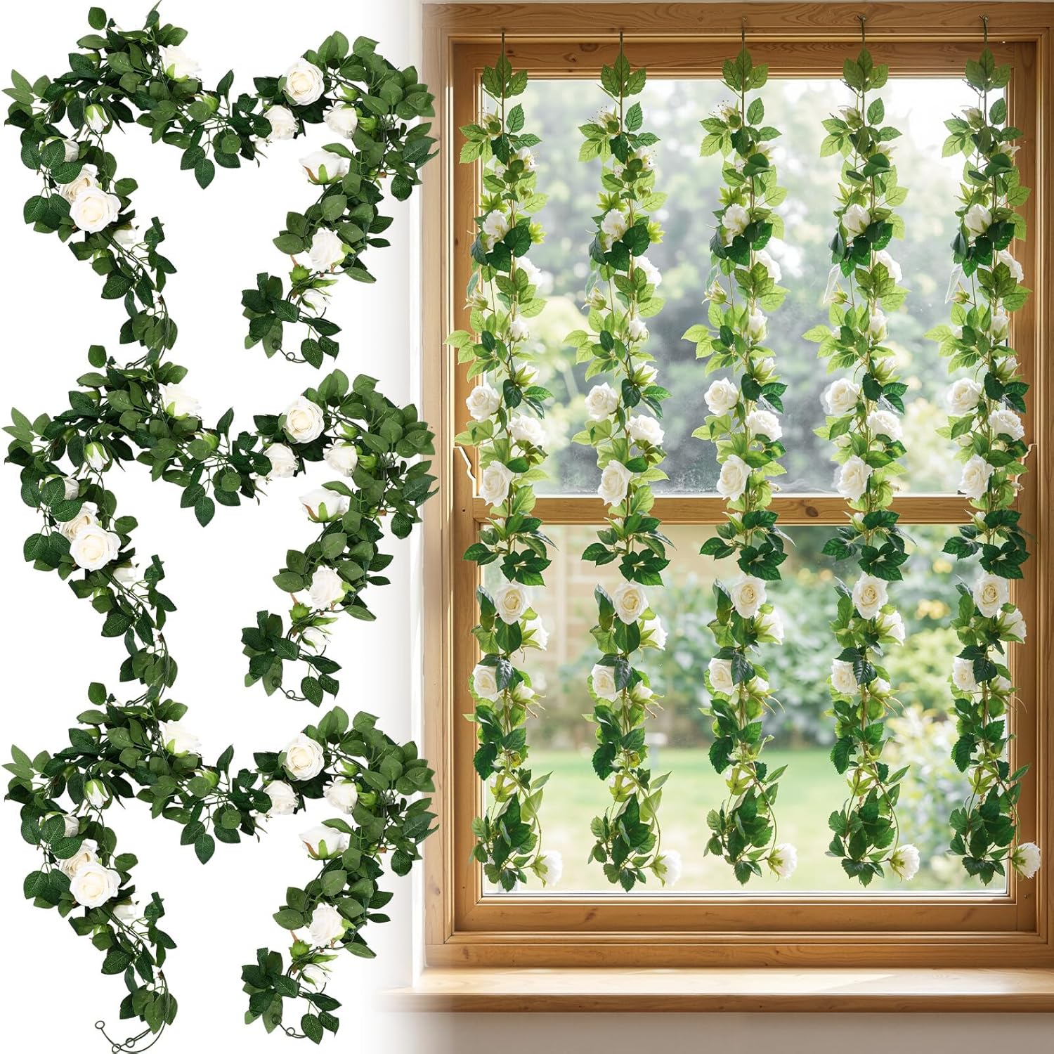8 Pcs 54 Ft White Flower Garland Artificial Rose Vine Fake Flower Garland Fake Silk Rose Hanging Vine For Wedding Party Background Table Centerpieces Arch Garden Background Outdoor Wall Decor