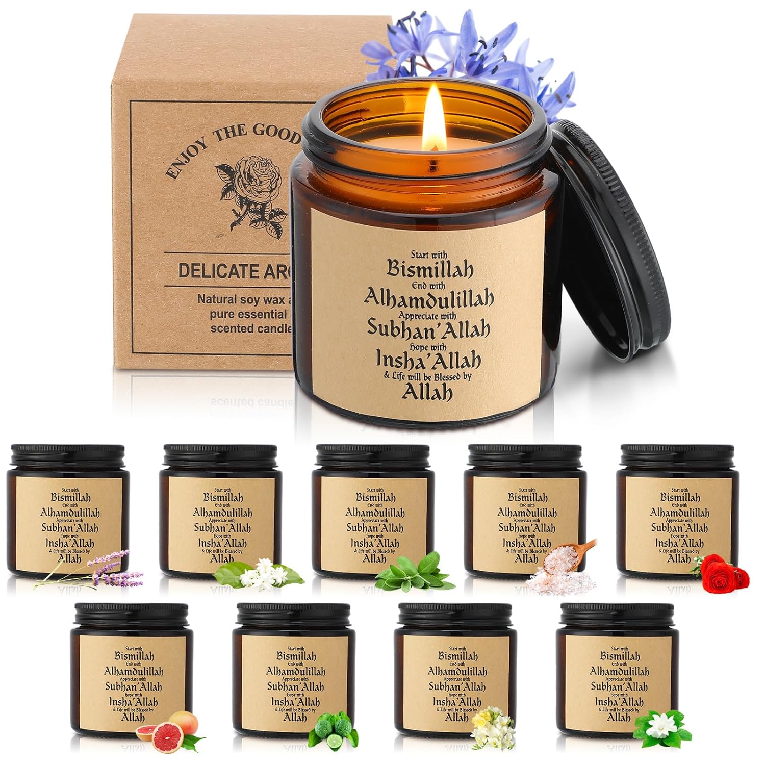 10 Pcs Eid Mubarak Scented Soy Candle 3.5 Oz Ramadan Scented Candle Bulk Muslim Gift Candles Islamic Party Favors Gifts Glass Jar Candles For Eid Holiday Celebrations Decorations (Dark Brown)