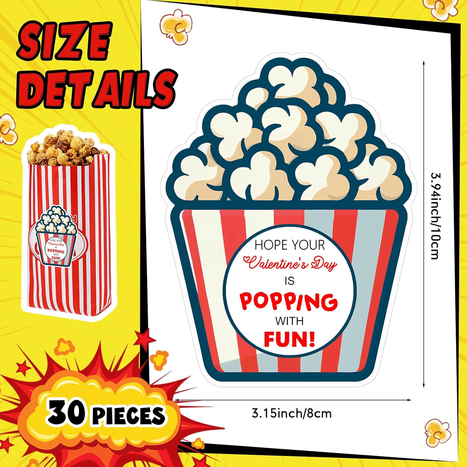 Set Of 30 Valentines Paper Popcorn Bags With Stickers, 11.8In Tall Large Capacity Popcorn Containers With Stickers For Valentine'S Day Gift Party Favors Movie Nights Decorations