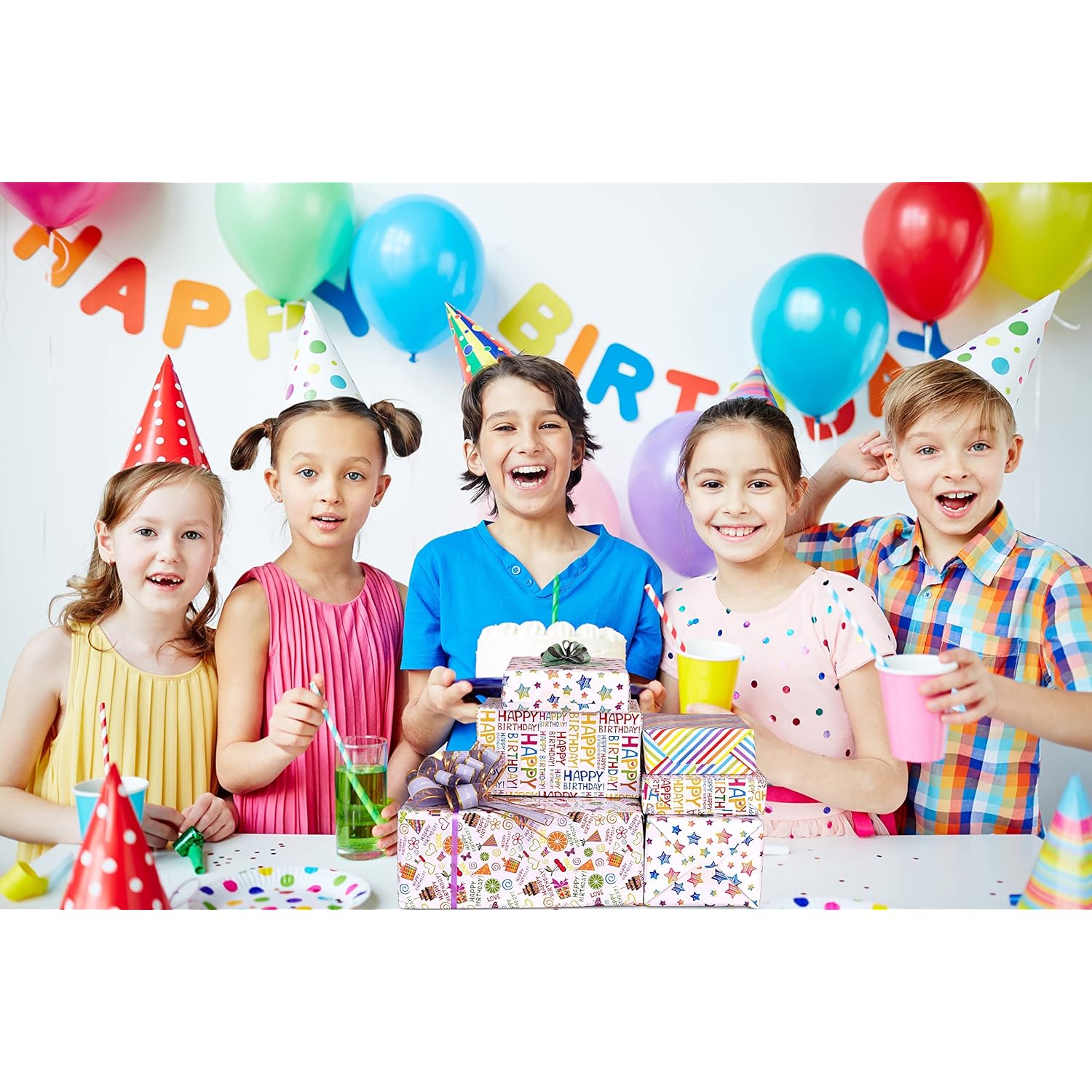 Birthday Wrapping Paper 12 Sheets Folded Flat For Kids, Boys, Girls, Adults.Includes Happy Birthday, Star, Rainbow, Cake 4 Colorful Designs For Baby Shower, Holiday, Party 20 X 29 Inch