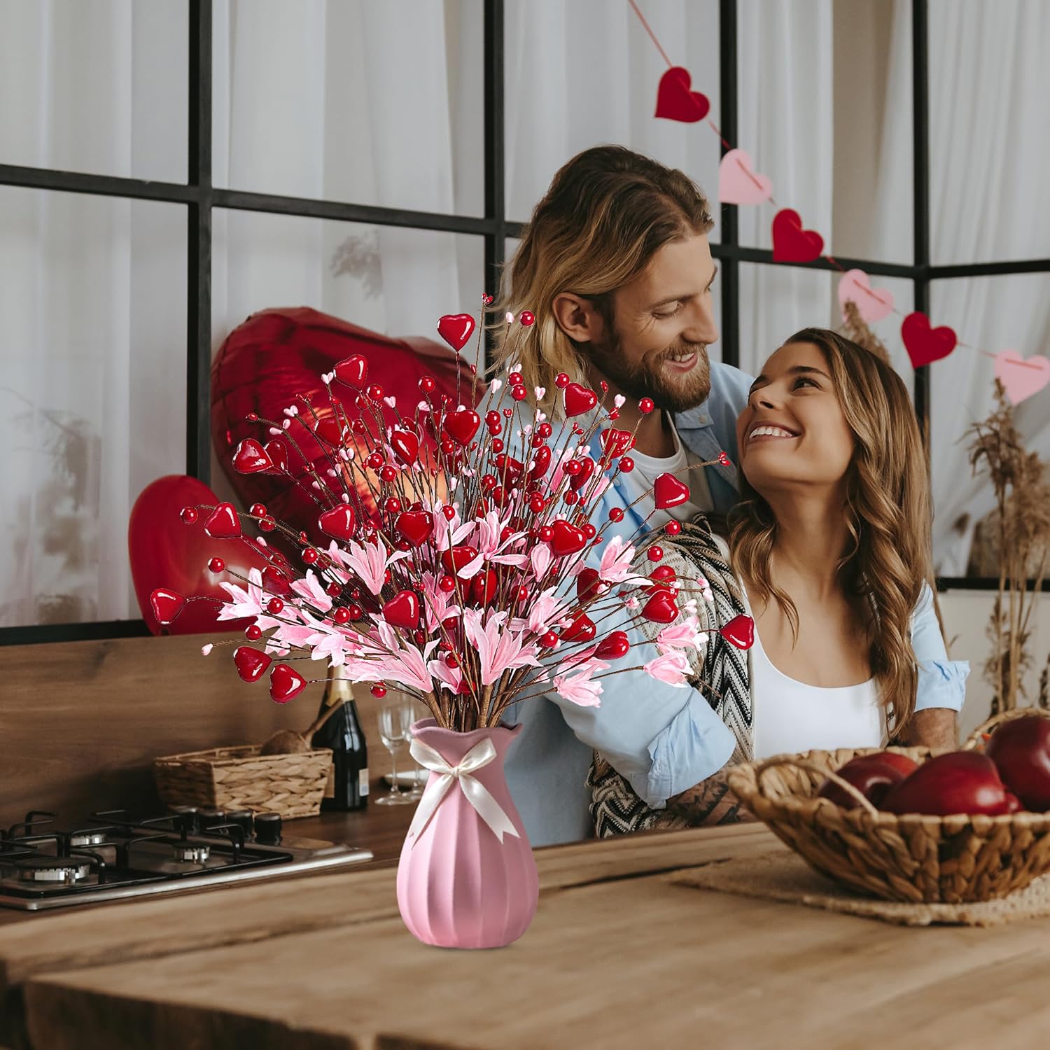Valentine’S Day Gifts 12 Pcs Heart Shaped Berry Picks Artificial Red Heart Berry Twigs Forsythia Stem Branches With Pink Flowers For Valentine’S Day Anniversary Flower Bouquets Wedding Home Decor