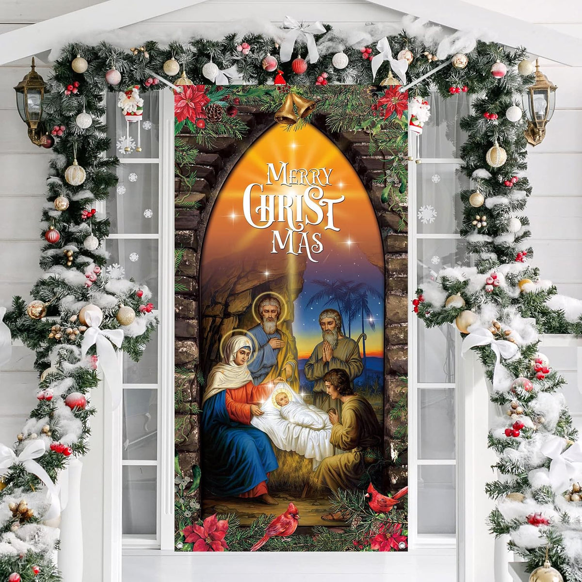 Christmas Decoration Outdoor Religious Door Cover Holy Nativity Front Door Hanging Backdrop Xmas Photography Background For Winter House Church Party Supplies, 70 X 35 Inch