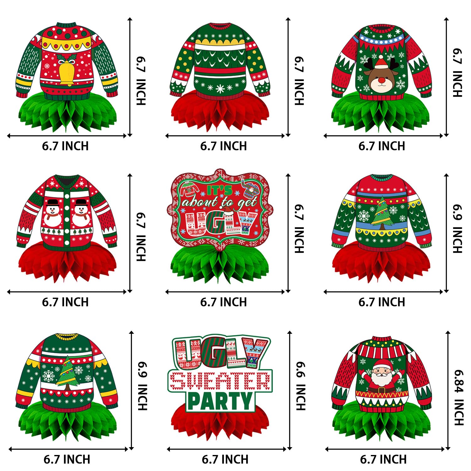 Christmas Ugly Sweater Party Decorations Honeycomb Centerpiece,9Pcs Ugly Sweater Centerpieces For Tables,3D Xmas Table Topper Xmas Table Centerpieces For Merry Christmas Holidays Decoration