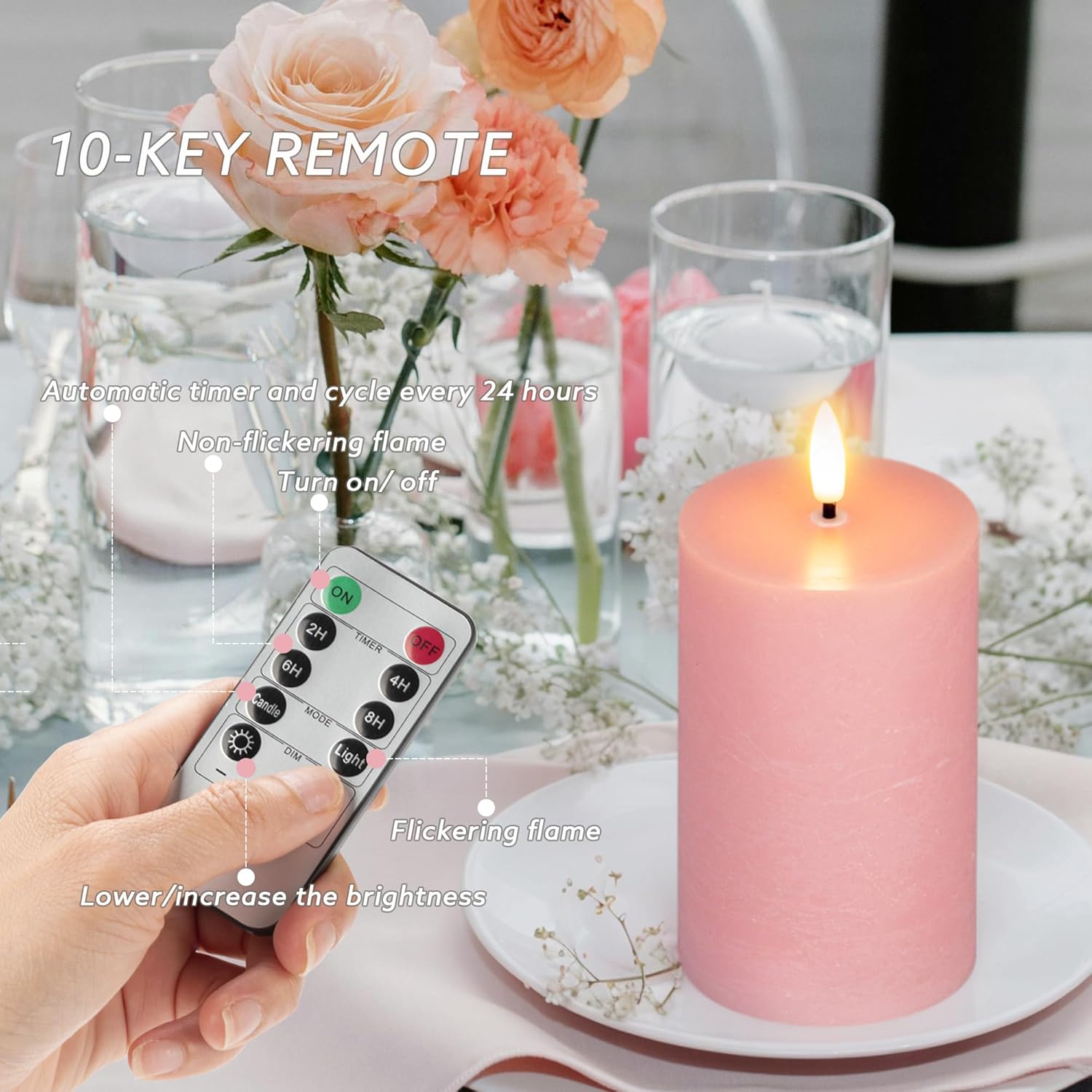 Pink Flameless Candles, Real Wax Pillar Battery Operated Candles, Flat Top Flickering Led Pillar Candles With Remote, 4 Pack Fake Candles For Home Party Wedding Romantic Night Decor