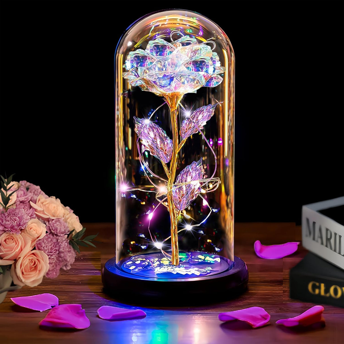 Valentines Day Gifts For Her, Valentines Rose Flowers Gifts For Women Mom Wife Girlfriend Wife Daughter Grandma,Light Up Rose In A Glass Dome Gifts For Mom,Birthday Gifts For Women, Gold Rose