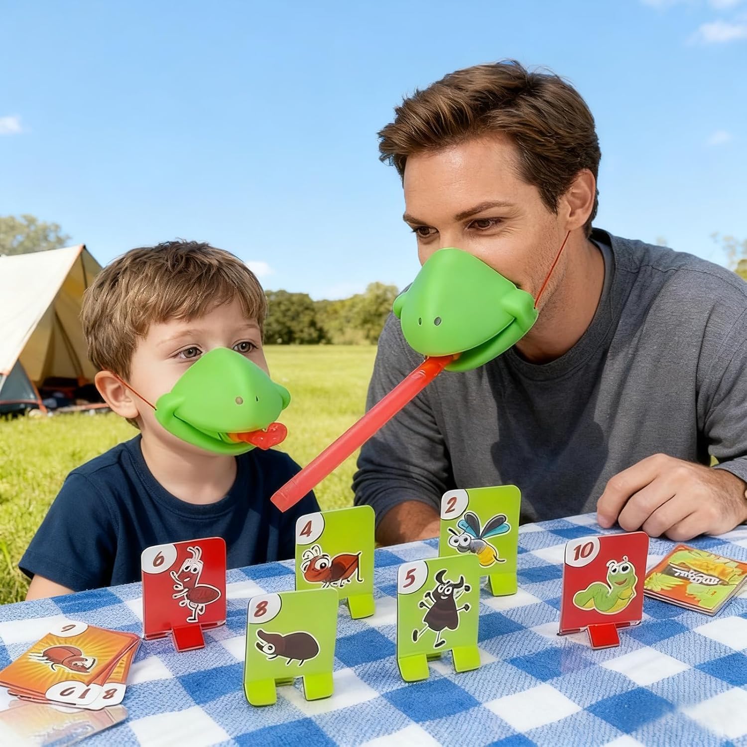 Chameleon Tongue Shooting Game, Funny Chameleon Tongue Shooter Toy With Frog Face Masks, Multiplayer Party Game For Kids With Blowing Tongue And Insect Card Targets For Family Fun & Gifts (Green-4Pcs)