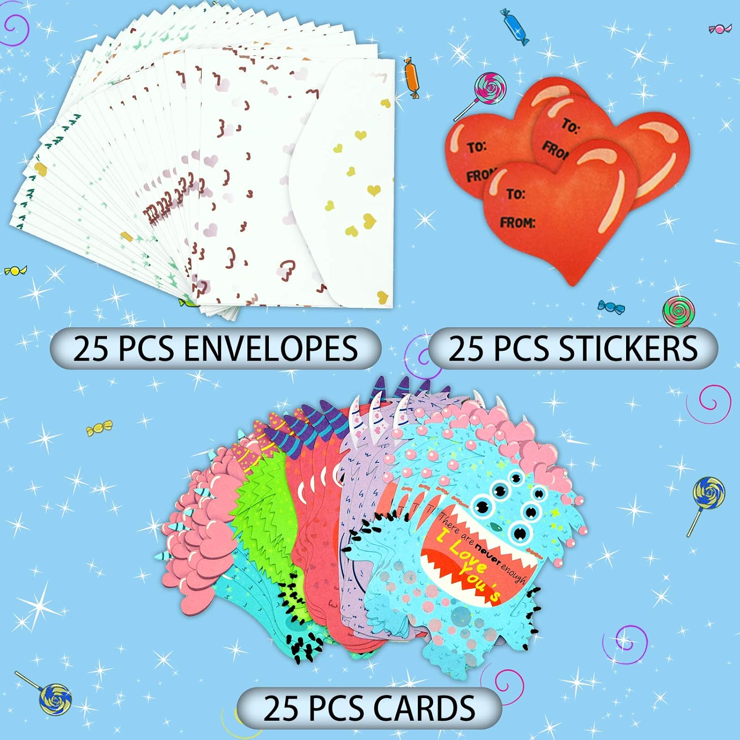 Valentine'S Day Cards 25 Sets Foldable Monster Valentines Day Cards For Kids With 25 Pack Cute Envelopes And Heart-Shaped Stickers Attractive Gift For School Exchange Party Game Cards