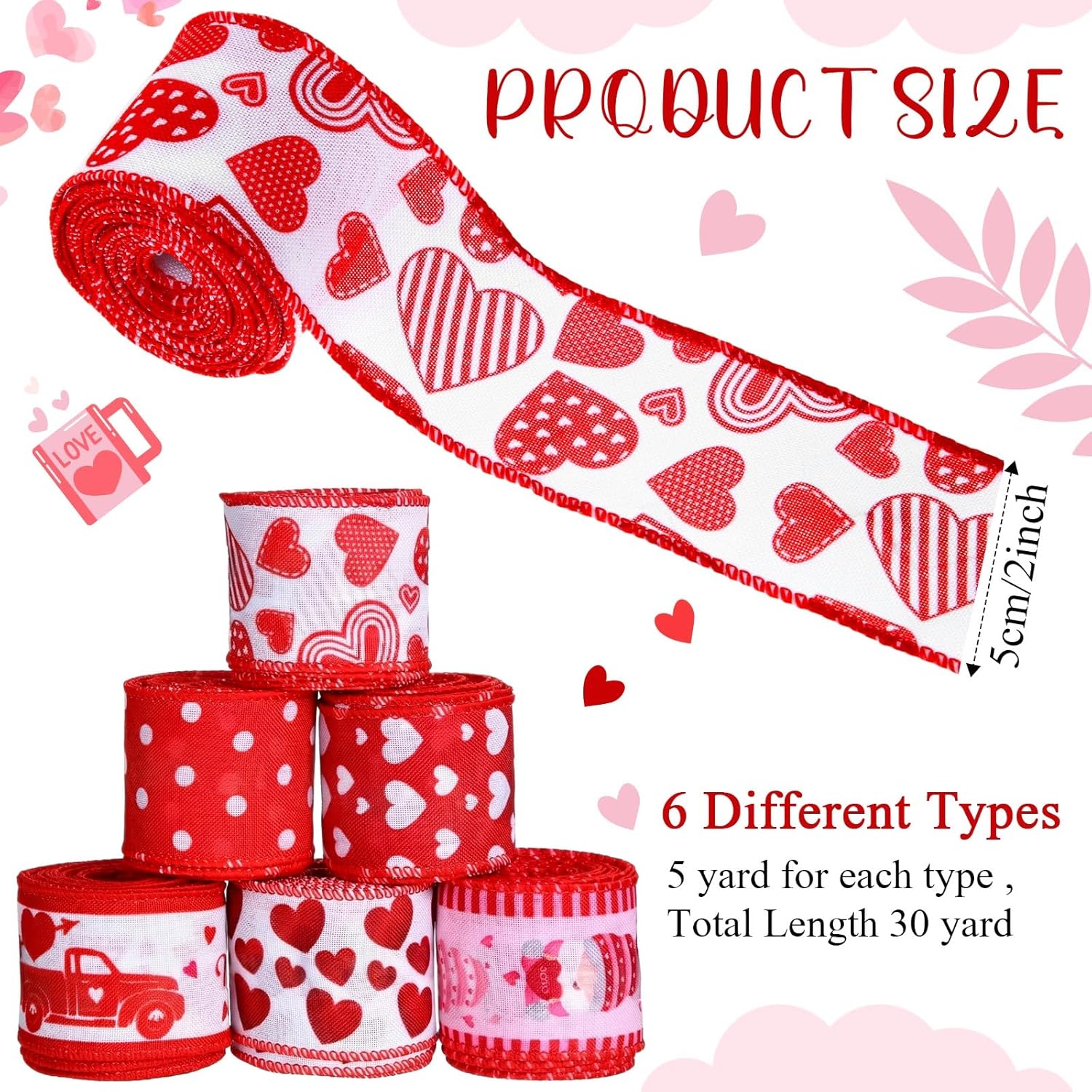 6 Rolls 30 Yards Valentine'S Day Wired Edge Ribbons Heart Truck Fabric Burlap Ribbons For Valentines Wedding Decorations Gift Wrapping Wreath Bows Diy Crafts Making, 2 Inch