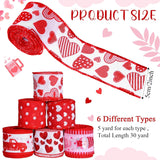 6 Rolls 30 Yards Valentine'S Day Wired Edge Ribbons Heart Truck Fabric Burlap Ribbons For Valentines Wedding Decorations Gift Wrapping Wreath Bows Diy Crafts Making, 2 Inch