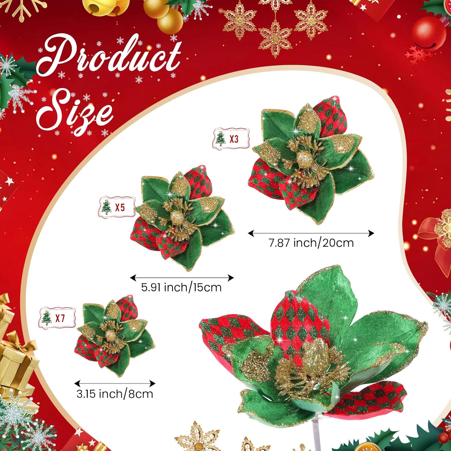 15 Pcs 3 Size Velvet Christmas Poinsettia Flowers Magnolia Glitter Artificial Flowers Ornaments Poinsettia For Christmas Tree Wreath Garland Wedding Holiday Decor(Red And Green)