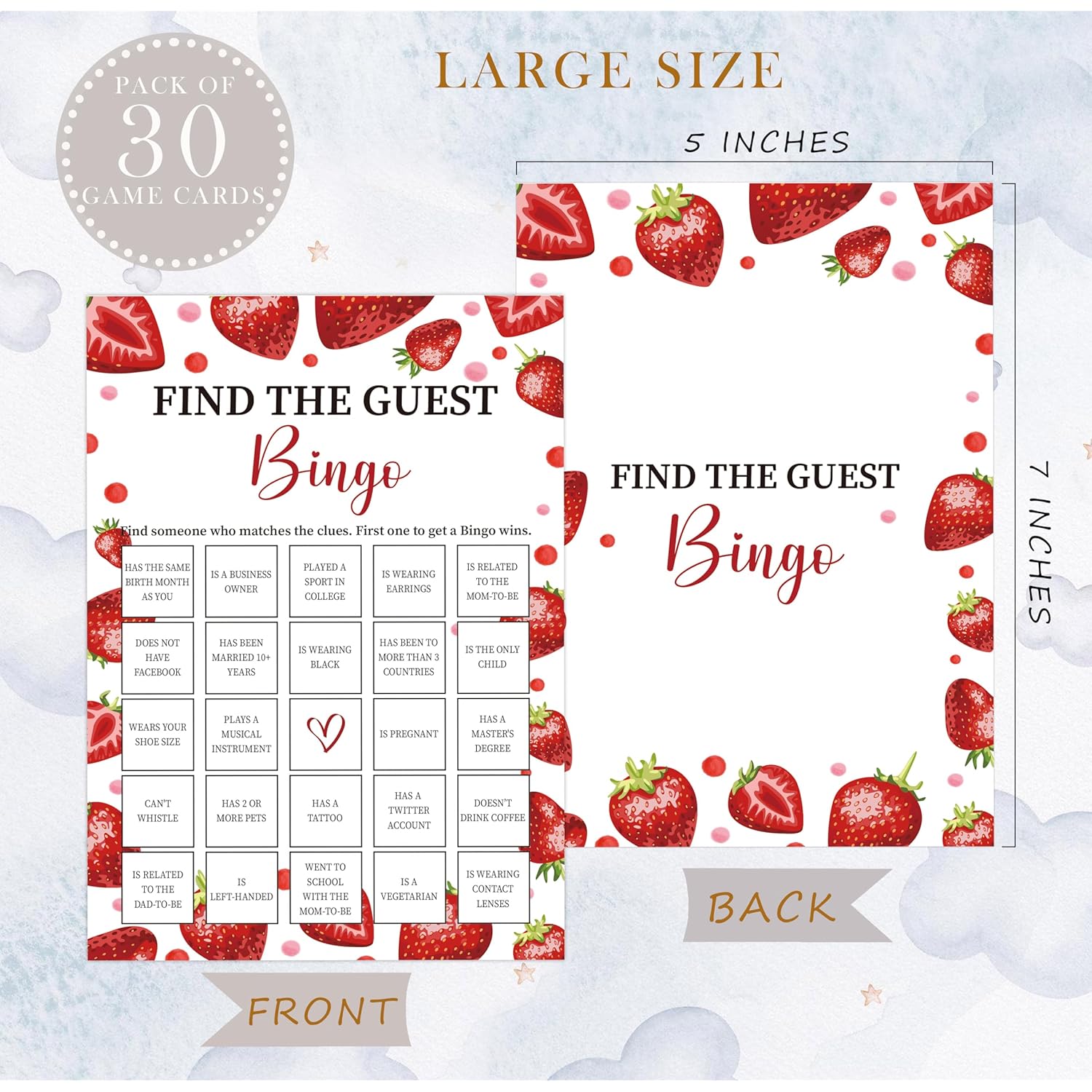 Strawberry Find The Guest Bingo Game, Baby Shower Games, Pack Of 30 Game Cards, Gender Neutral Boy Or Girl - Fa13