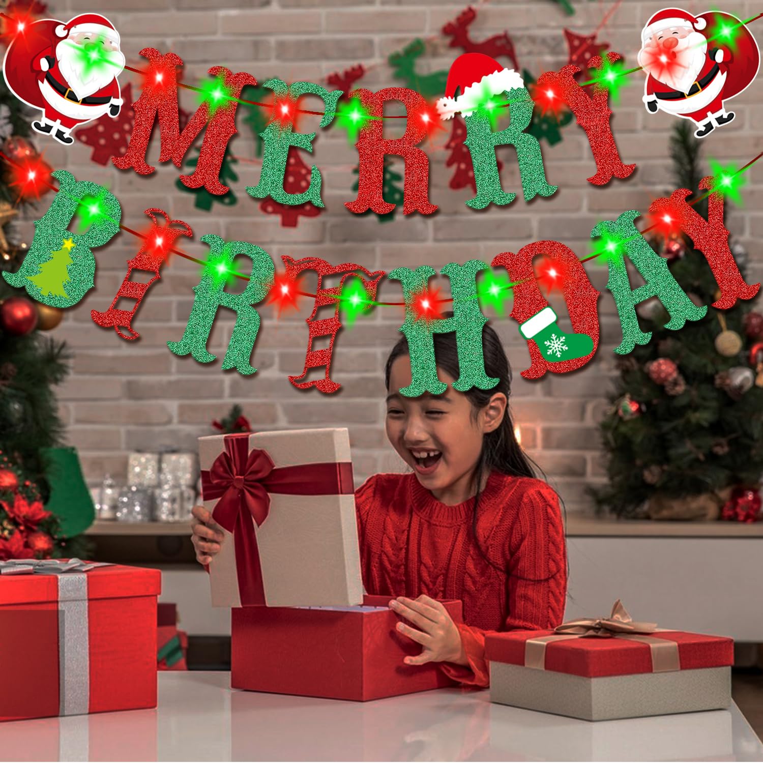 Christmas Birthday Party Decorations, Merry Birthday Banner With Lights, Green And Red Glitter Merry Christmas Fireplace Home Decorations