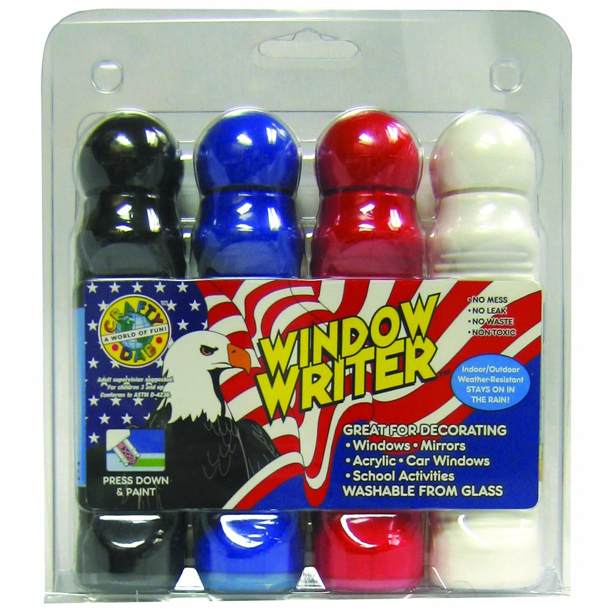 Crafty Dab Window Writer - 4 Pack Clamshell - Patriotic Acrylic Paint - Red, White, Blue
