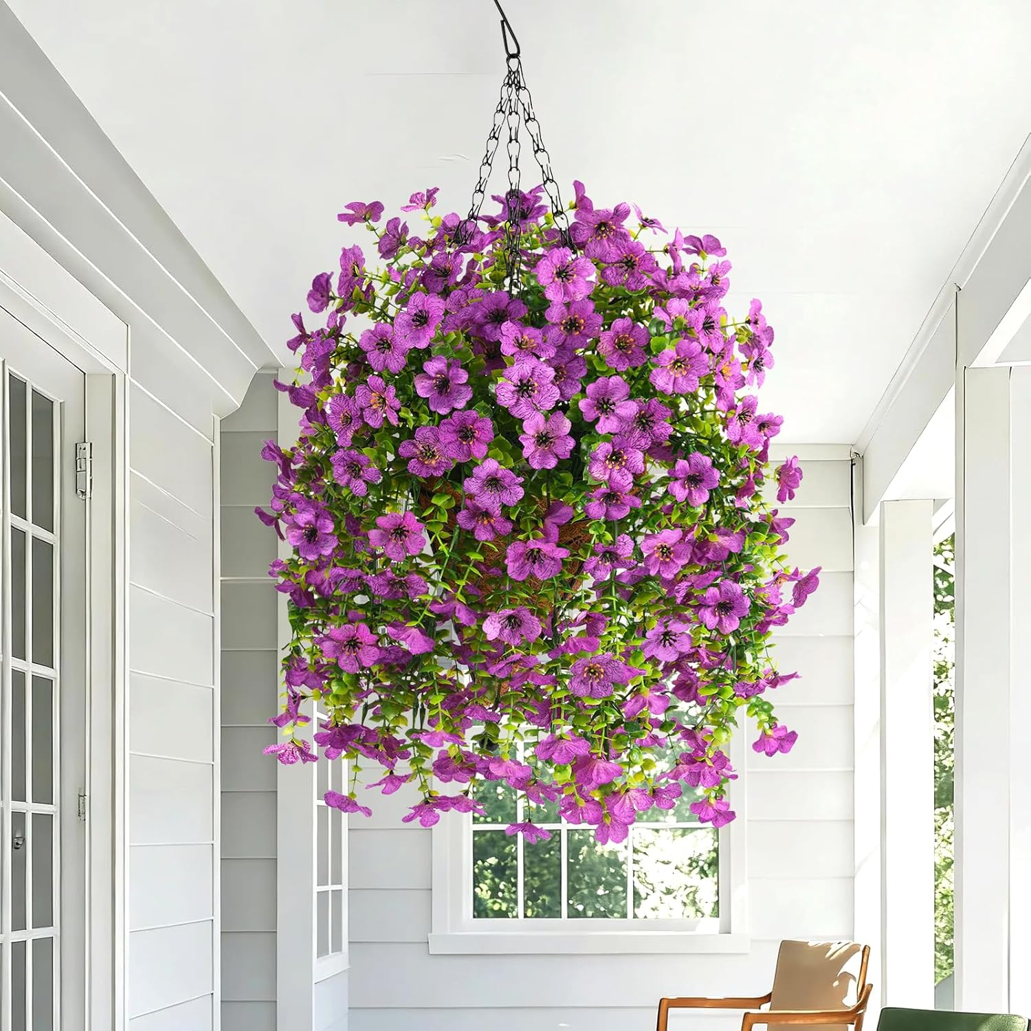 Artificial Hanging Flowers With Basket For Spring Outdoor Decoration 3 Bunches Of Silk Daisy Flower Uv Resistant For Garden Porch Patio Balcony Yard Decor (Purple2)