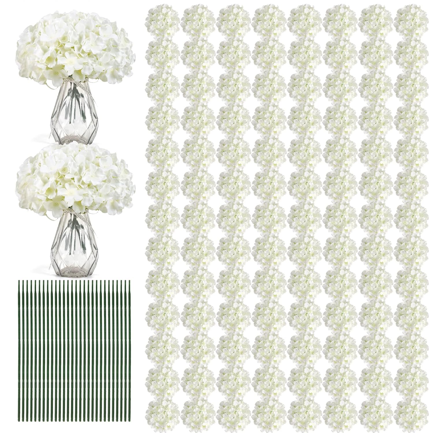 204Pcs Hydrangea Artificial Flowers, Silk Artificial Hydrangea Flowers Heads With Stems, Faux White Flowers For Wedding Centerpieces, Arch And Background, Bridal Shower And Home Decor (Ivory)