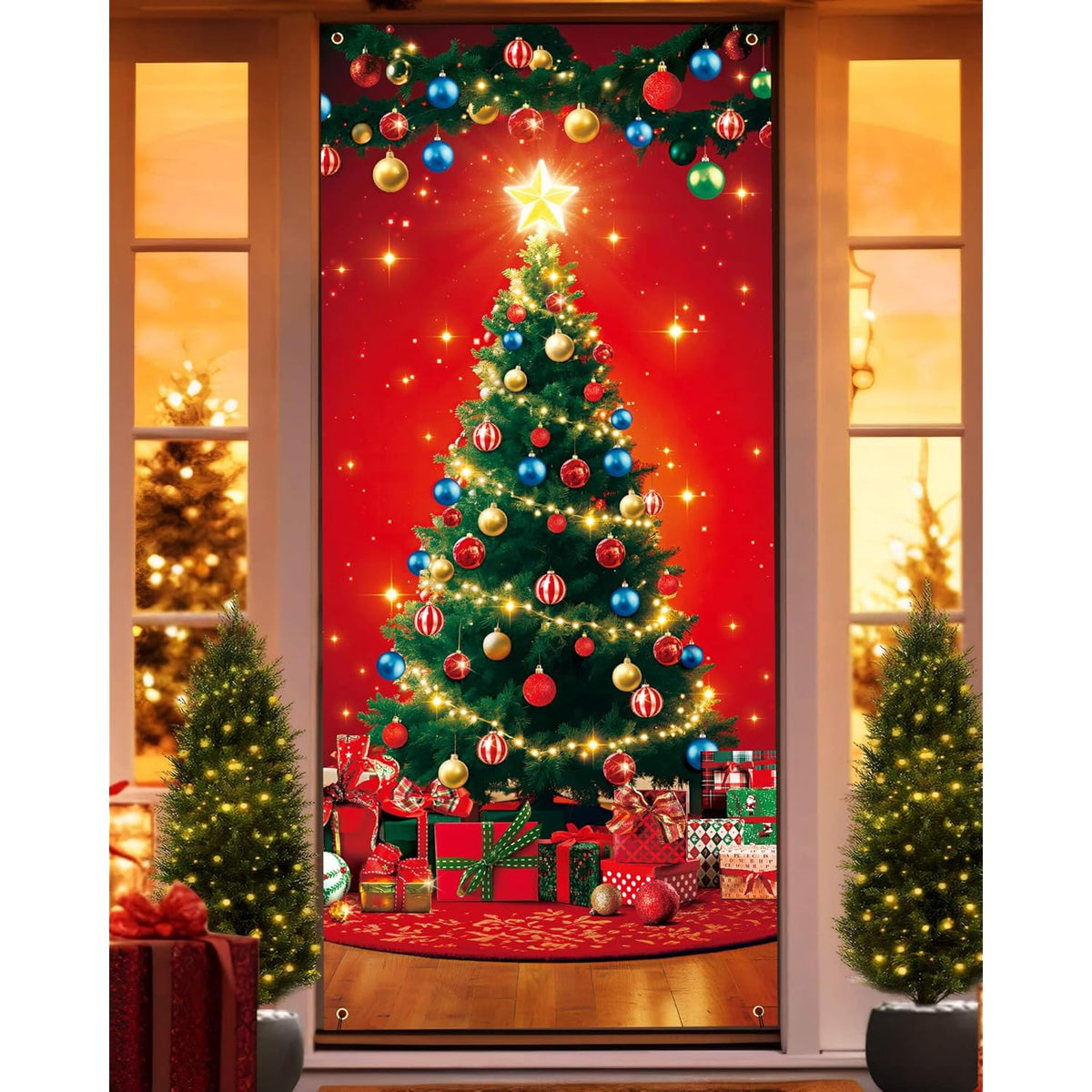 Christmas Door Cover, 35.4"X78", Christmas Tree With Ornament Balls Design, Unique Holiday Banner For Front Door & Party Décor