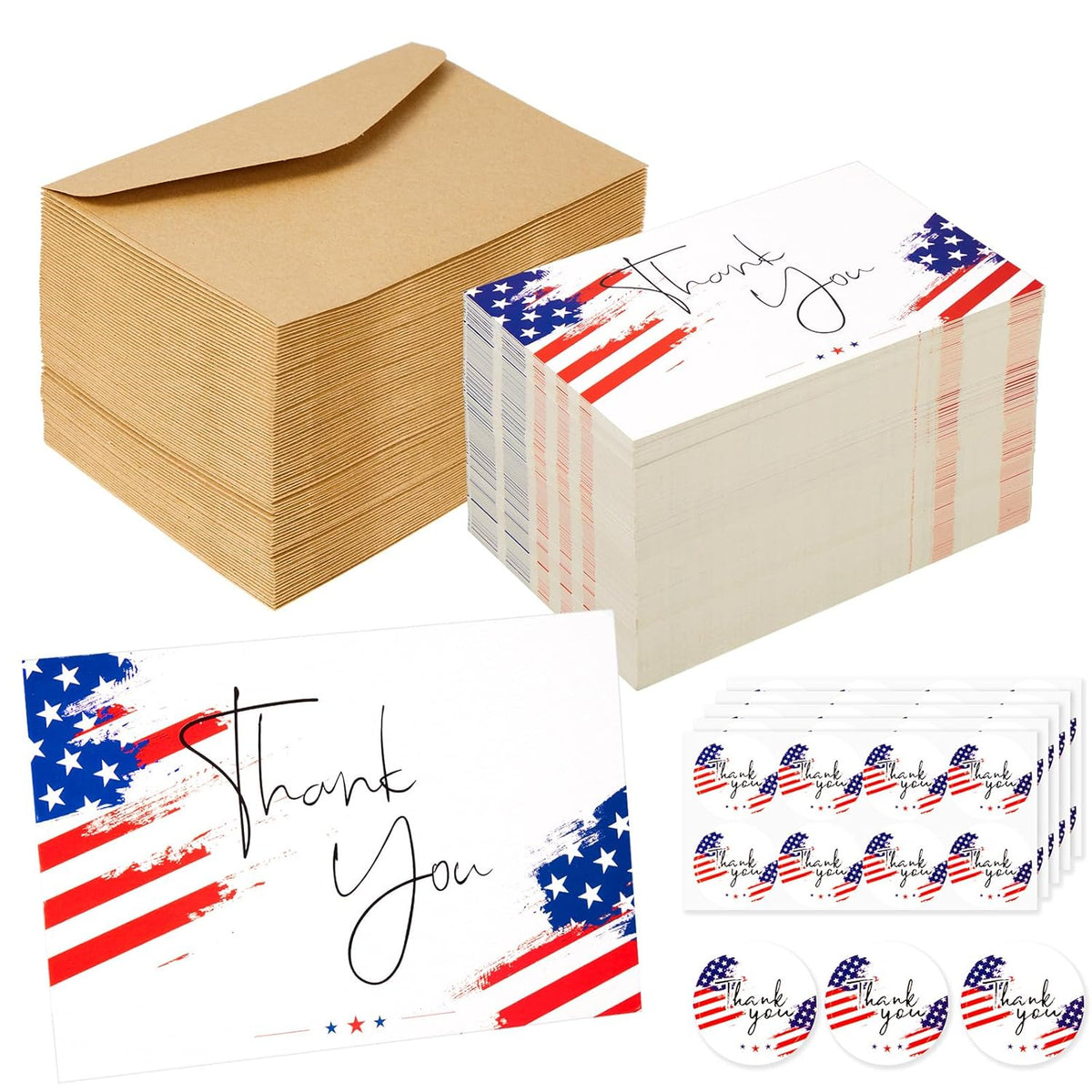 200 Sets Patriotic Thank You Cards Bulk With Kraft Envelopes And Round Stickers 4Th Of July Independence Day Veterans Cards Bulk Usa Military Memorial Day Army Gifts, 4 X 6 Inches