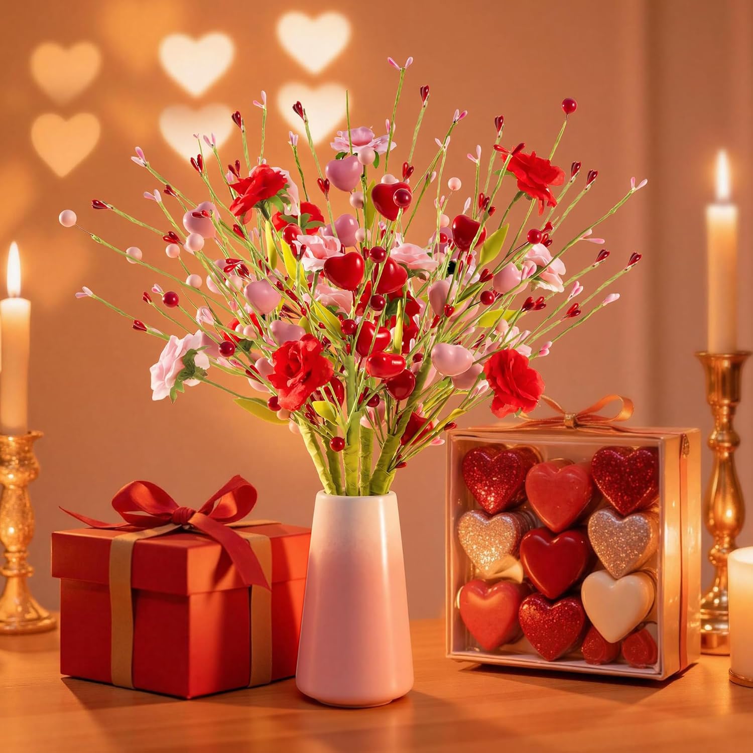 Valentine’S Day Artificial Rose Bouquets 5 Pack, Red & Pink Roses With Heart Picks & Berries, Fake Flowers For Valentine Gifts, Mother’S Day Bouquets, Wedding, Anniversary Parties & Home Decor