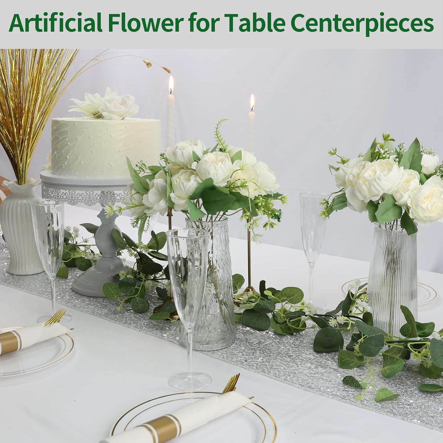 12 Bundles Peonies Artificial Flowers Artificial Peonies Silk Flowers Fake Peonies Artificial Flowers Wedding Home Table Decoration Realistic Peonies Bouquet For Centerpiece Table (White)