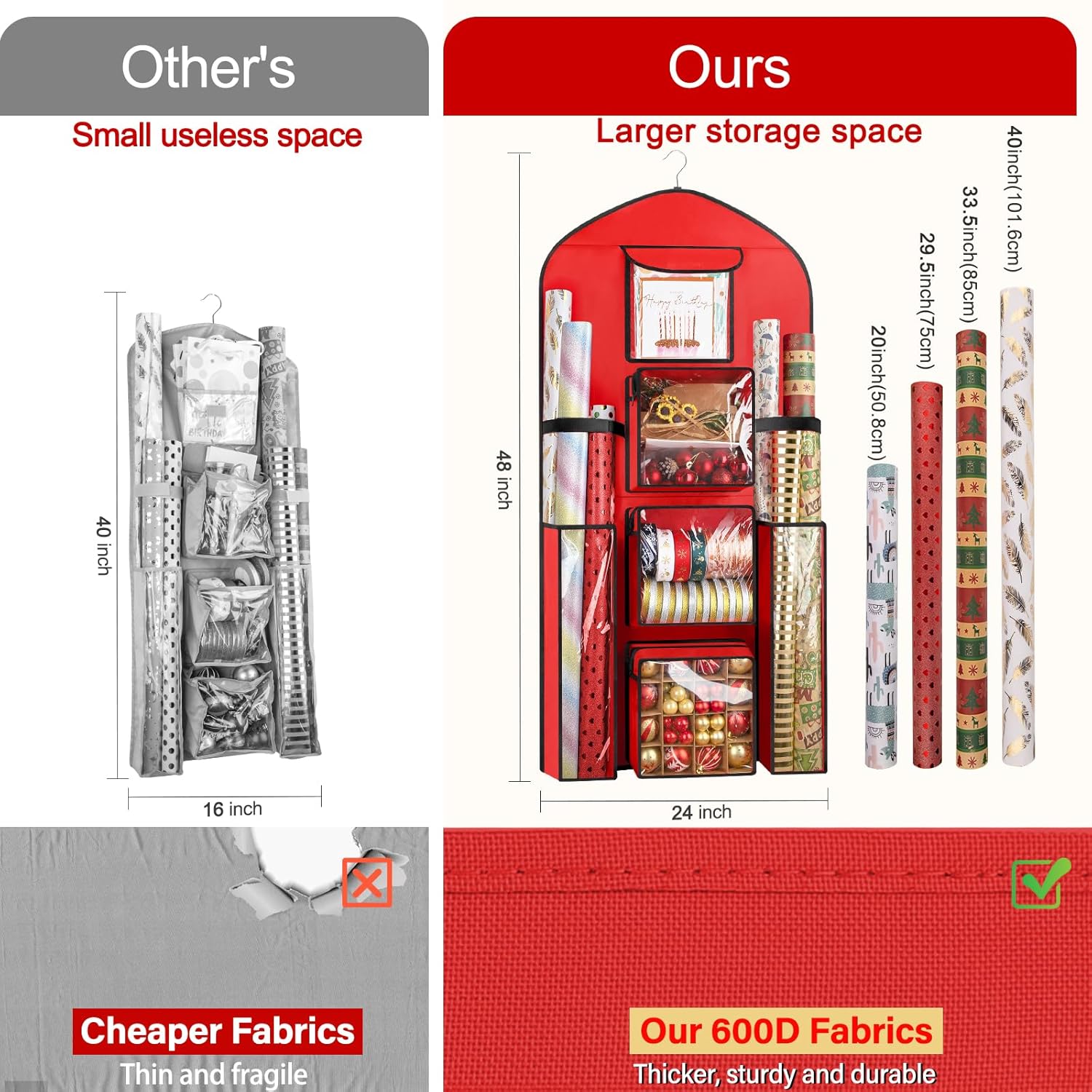 Hanging Gift Wrapping Paper Storage, 48X24 (Extra Large) Red Double-Sided Christmas Wrapper Bag Container, Oxford Long Craft Roll Organizer, Present Wrap Holder For Closet, Door