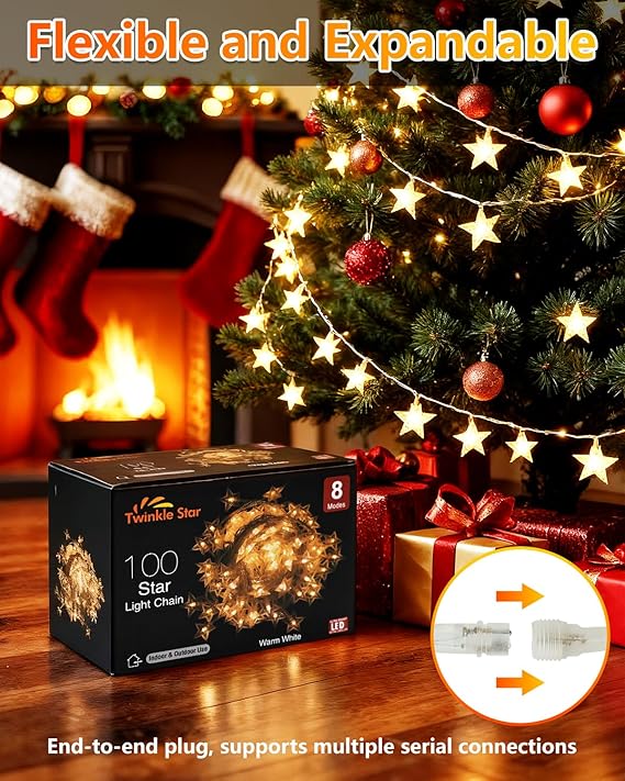 100 LED Star String Lights 33FT Plug In Warm White Waterproof Fairy Lights for Bedroom Indoor Outdoor Wedding Party Christmas Tree New Year Ramadan Decor