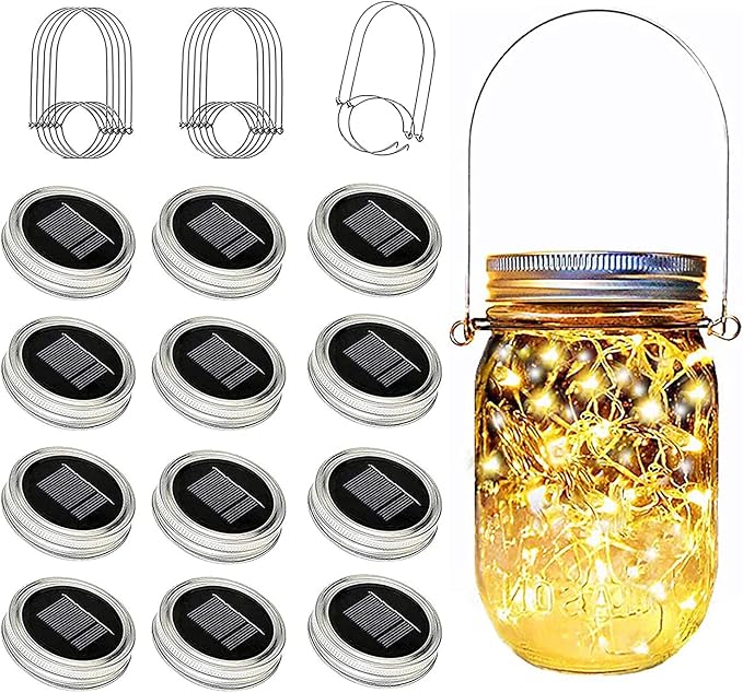 12 Pack Solar Mason Jar Lid Lights 30 LED Firefly Fairy String Lights with Hangers
