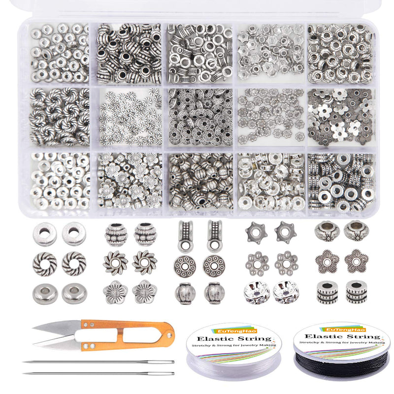 605Pcs Silver Spacer Beads 15 Style Jewelry Bead Charm Spacers Alloy S